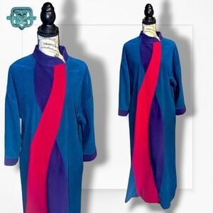 Vintage 70s Vanity Fair Velour Teal Colorblocked Zip Nightgown